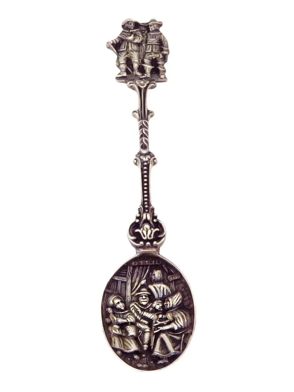 Vintage Dutch Family Folk or Tavern Scene Silver Plated Souvenir Spoon